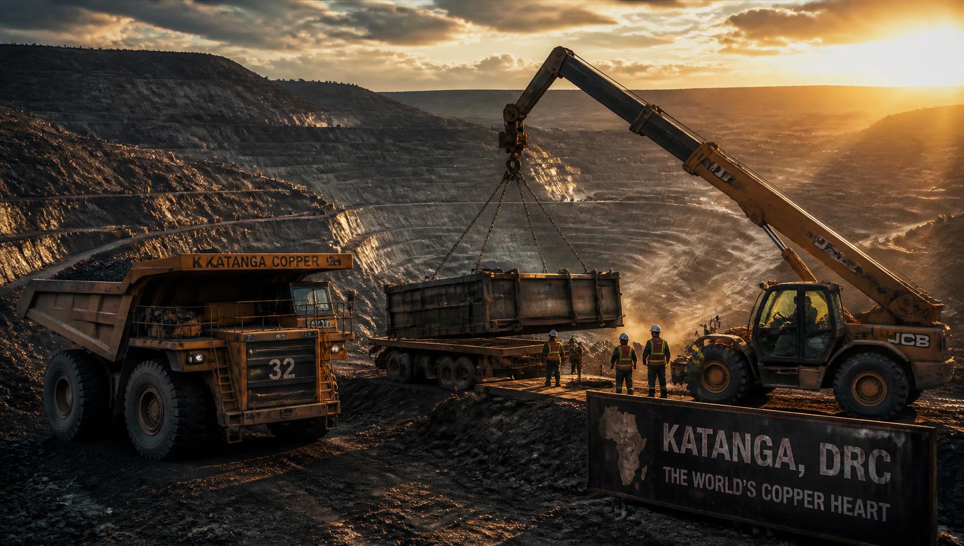 Engins de chantier chargeant des équipements miniers dans une mine à ciel ouvert